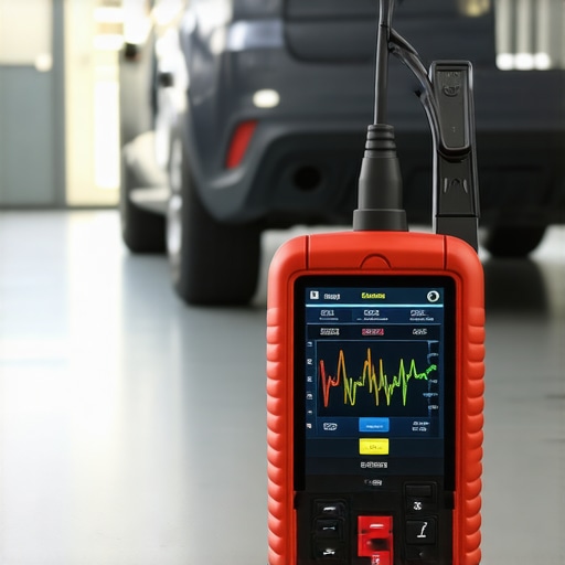 Diagnostic scanner connected to a vehicle's onboard system displaying diagnostics data.