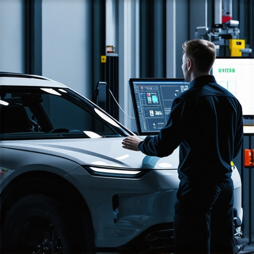 Advanced vehicle diagnostic system with AI in a modern auto repair shop, technicians analyzing data