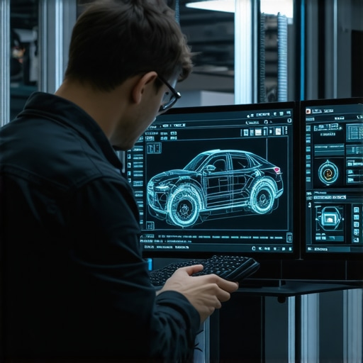 Advanced vehicle diagnostic system with AI in a modern auto repair shop, technicians analyzing data