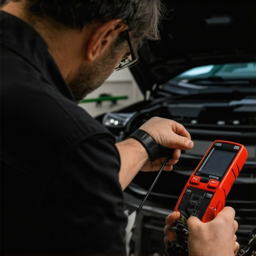 Technicians using advanced diagnostic tools in an auto repair shop