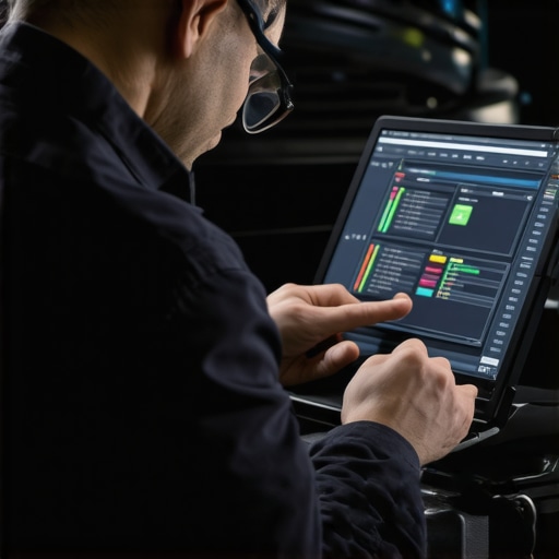 Auto technician analyzing data from diagnostic software on a modern car's electronic system.
