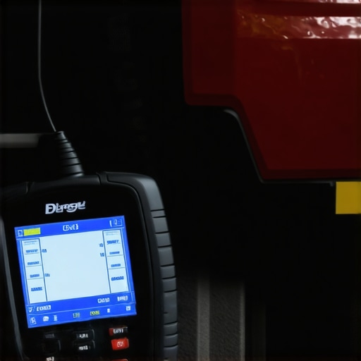 Vehicle diagnostic scanner connected to a car showing digital readouts.
