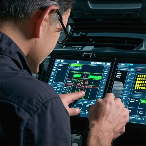 Auto technician analyzing real-time vehicle sensor data with advanced diagnostic equipment.