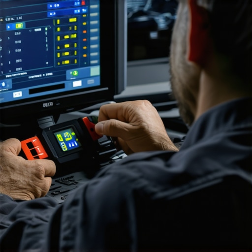Technician using advanced diagnostic equipment to analyze vehicle data