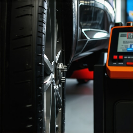 Close-up of a car brake system being inspected with advanced diagnostic tools.
