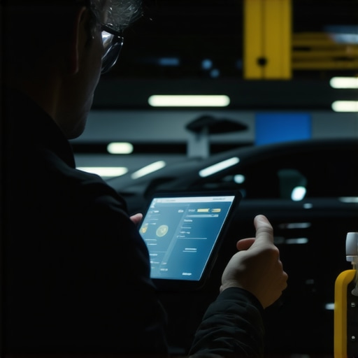 AI Vehicle Diagnostics in Action Person operating high-tech car diagnostic equipment in a workshop.