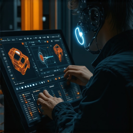 Technician using advanced diagnostic tools with AI and cloud connectivity in a modern auto repair shop