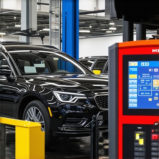 Advanced vehicle diagnostic scanner analyzing a car's engine system in a professional workshop.