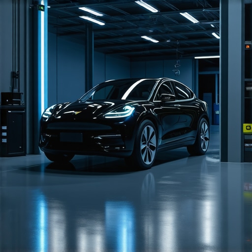 Futuristic car diagnostics with AI, sensors, and digital interfaces in a modern garage