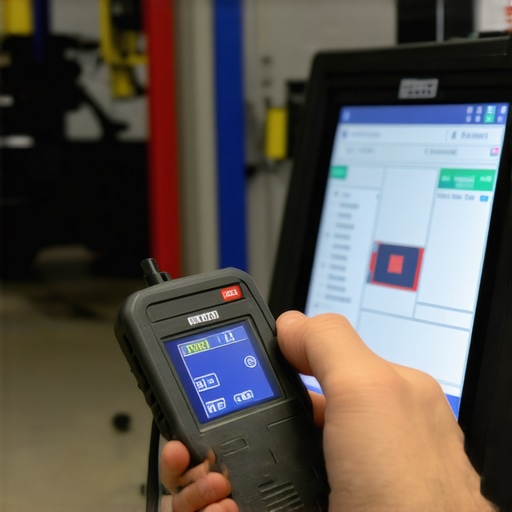 Technician using diagnostic scanner on a car's brake system