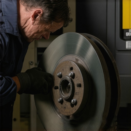 Mechanic inspecting brake pads and rotors during maintenance
