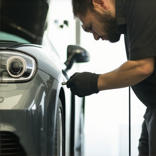 Mechanic changing oil and inspecting brakes on a car in a workshop