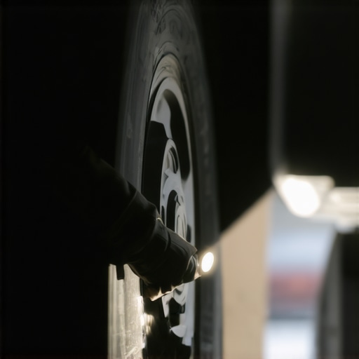 DIY Brake Inspection in Garage Person inspecting car brakes with flashlight during maintenance.