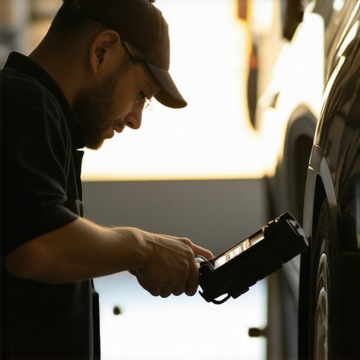Mechanic inspecting car brakes with diagnostic tools in a garage.
