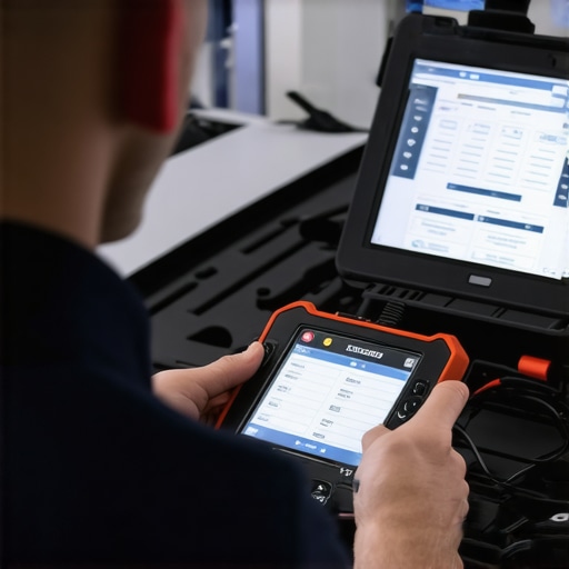 Using an Advanced OBD2 Scanner for Vehicle Diagnostics Mechanic diagnosing car issues with a high-tech OBD2 scanner in a workshop