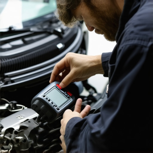 Mechanic connecting a high-tech diagnostic scanner to a vehicle's OBD-II port, symbolizing modern auto maintenance.