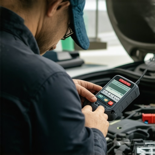 Mechanic using diagnostic scanner on vehicle engine