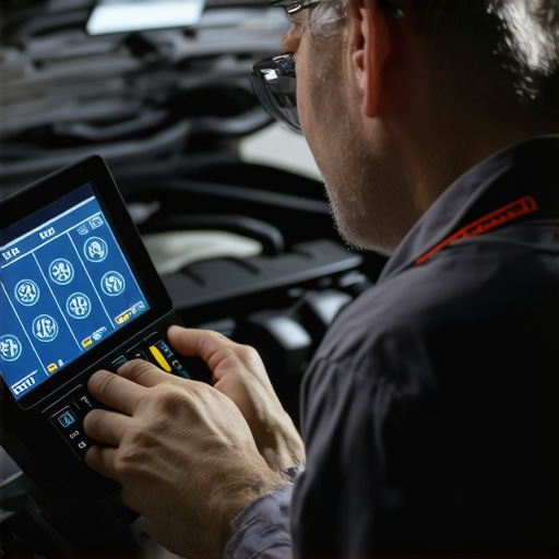 Mechanic using a diagnostic scanner on a vehicle's brake system for accurate maintenance