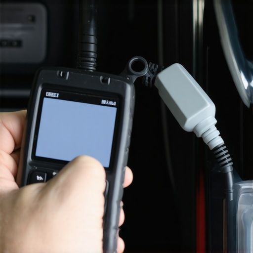 Diagnostic scanner connected to a car's OBD port, illustrating vehicle diagnostics in progress.