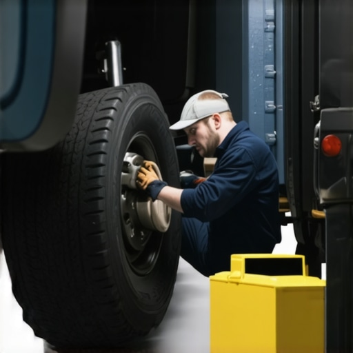 Mechanic checking brake pads during maintenance in garage.