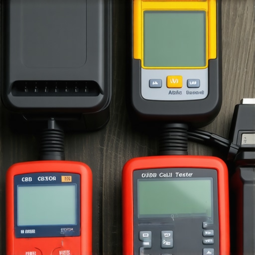 Automotive diagnostic tools in use, including an OBD-II scanner and oil tester.