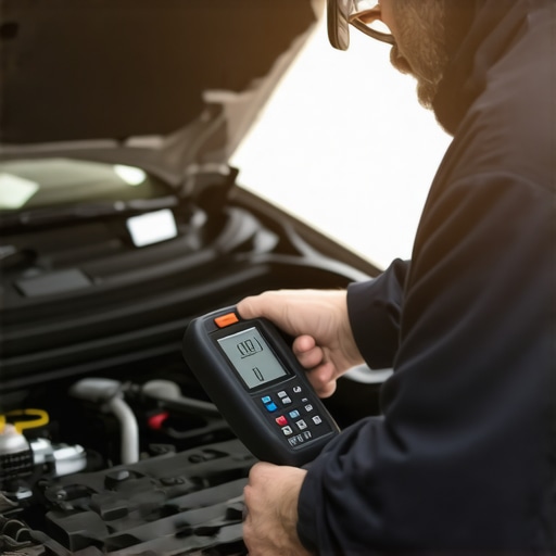 Mechanic inspecting vehicle diagnostics with high-tech scanner