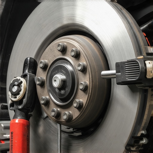 In-depth Brake System Inspection A mechanic carefully examining car brake components with a wrench.