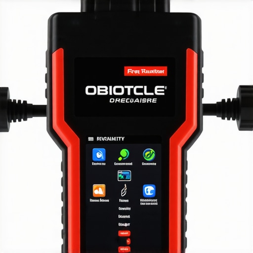 OBD-II scanner diagnosing a modern car with digital display of vehicle data.