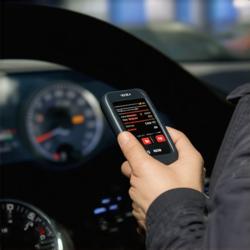 Using Diagnostic Scanner to Verify Vehicle Alerts Mechanic connecting a diagnostic tool to a car to check error codes during inspection