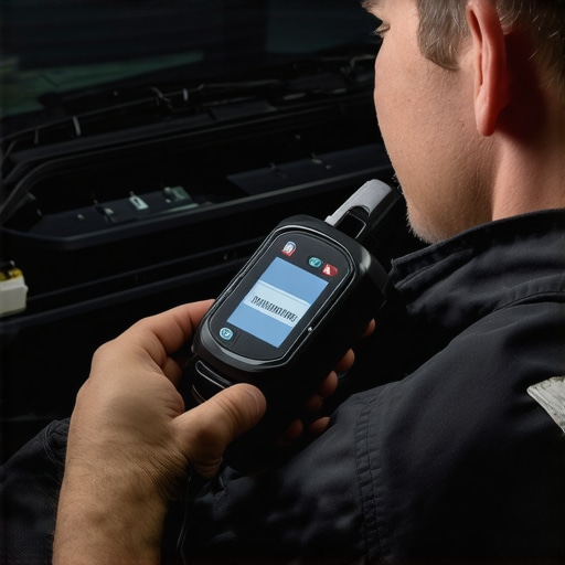Auto mechanic performing vehicle diagnostics with an OBD-II scanner in a workshop.