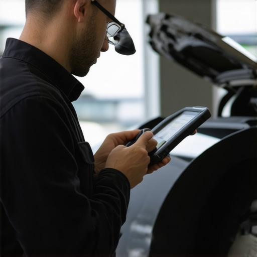 Mechanic using a diagnostic scanner on a vehicle in a modern garage