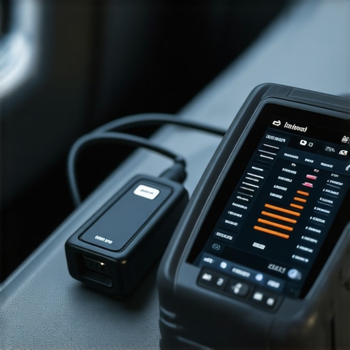 A technician using a diagnostic scanner connected to a vehicle to monitor system health.