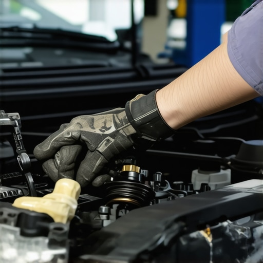 Mechanic performing an oil change on a car engine with tools and oil container