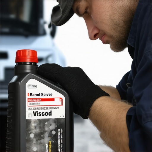 Mechanic verifying oil type and viscosity during a vehicle maintenance service.