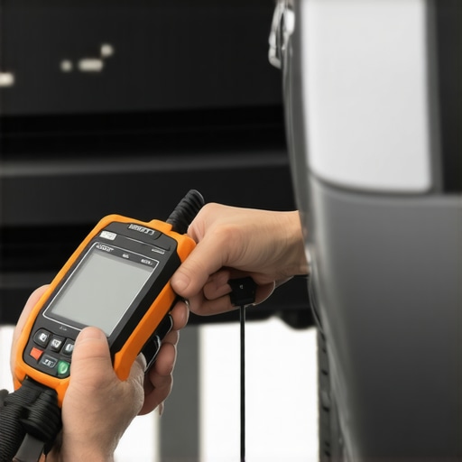 Mechanic performing vehicle diagnostics with a high-tech scanner