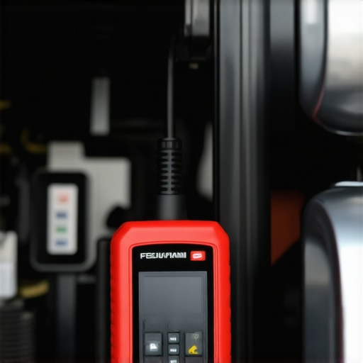 Close-up of an advanced OBD-II scanner plugged into a car in a garage setting