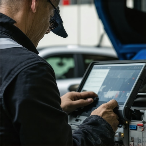 Mechanic working with advanced diagnostics tools on a vehicle engine.