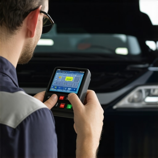 Professional vehicle diagnostics in action Technician performing vehicle diagnostics with a high-tech scanner