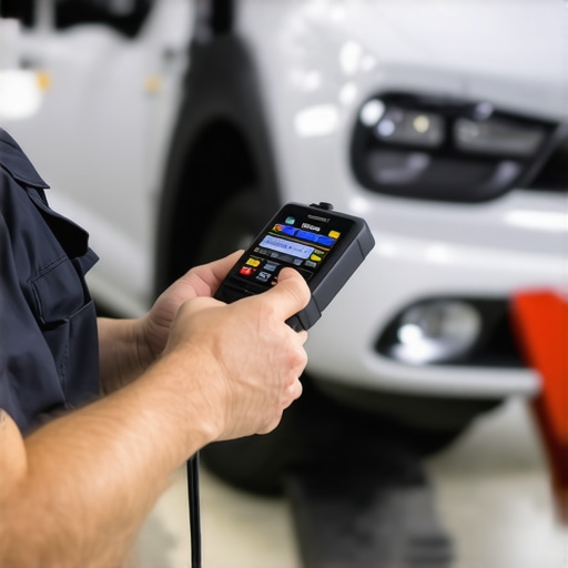 Mechanic operating a high-tech diagnostic scanner on a new 2026 car in a well-equipped workshop.