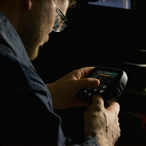Mechanic operating a high-tech car diagnostic scanner in a workshop