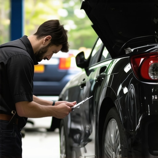 Car owner reviewing vehicle maintenance records with mechanic