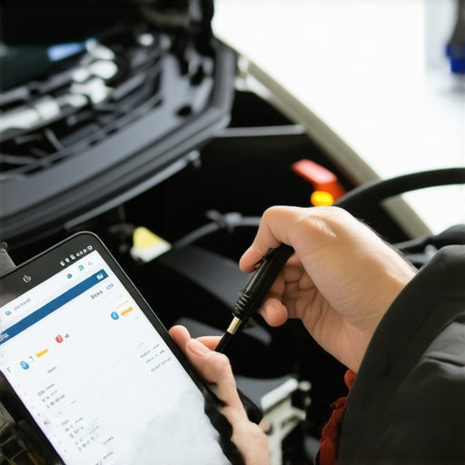 Advanced automotive diagnostic scanner in use A mechanic using a high-tech automotive scanner connected to a vehicle for diagnostics.
