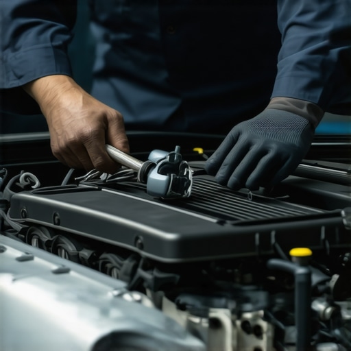 Mechanic inspecting an engine bay with a flashlight and tools