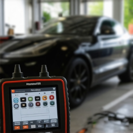 Technician using a diagnostic scanner on a modern hybrid vehicle in a workshop environment.