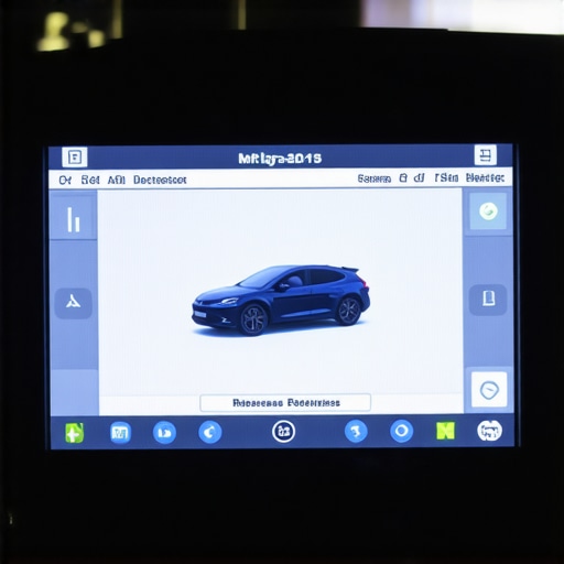 Close-up of a mechanic using a diagnostic scanner on a hybrid car, displaying detailed vehicle data