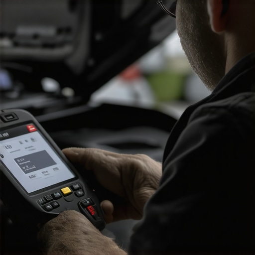 Mechanic diagnosing a vehicle using high-tech scanner machine in garage
