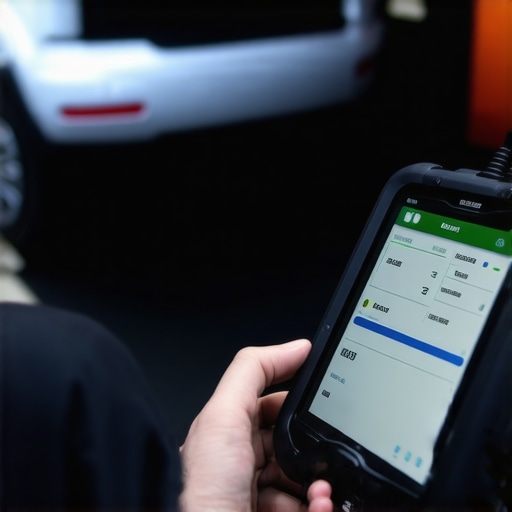 Person connected an OBD-4 scanner to a modern vehicle dashboard, viewing diagnostic data on a tablet.