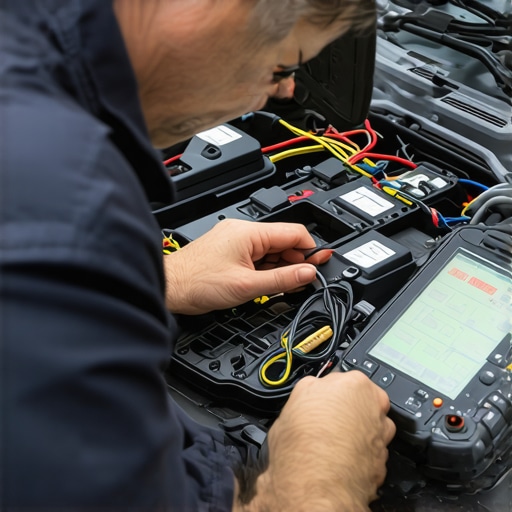 Technician analyzing car sensor signals with an oscilloscope and wiring harness.