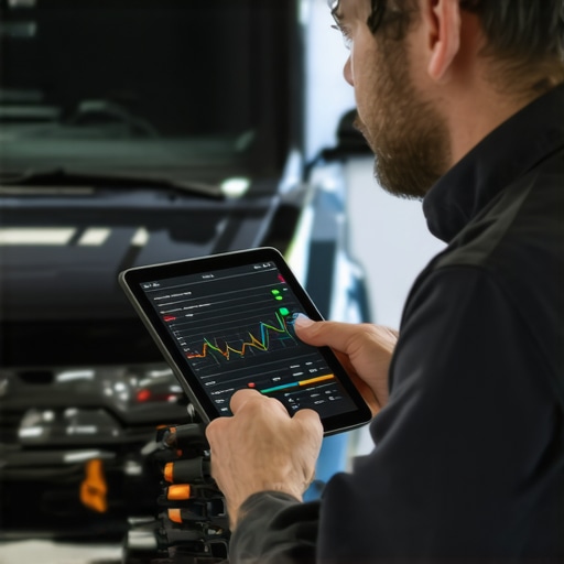 Technician performing vehicle diagnostics with a high-tech scanner and tablet