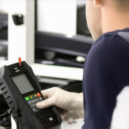 Technician using diagnostic tools and laser calipers in a garage